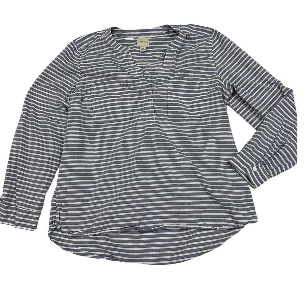 GH Bass Blouse Womens XL Gray White Striped Tunic V Neck Pockets Roll Tab Casual